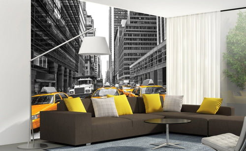 Dimex Yellow Taxi Fotobehang 225x250cm 3 banen Sfeer | Yourdecoration.be